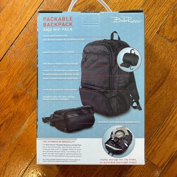Bella Russo Packable Backpack And Hip Pack New Black Water Resistant Lightweight - Picture 2 of 5